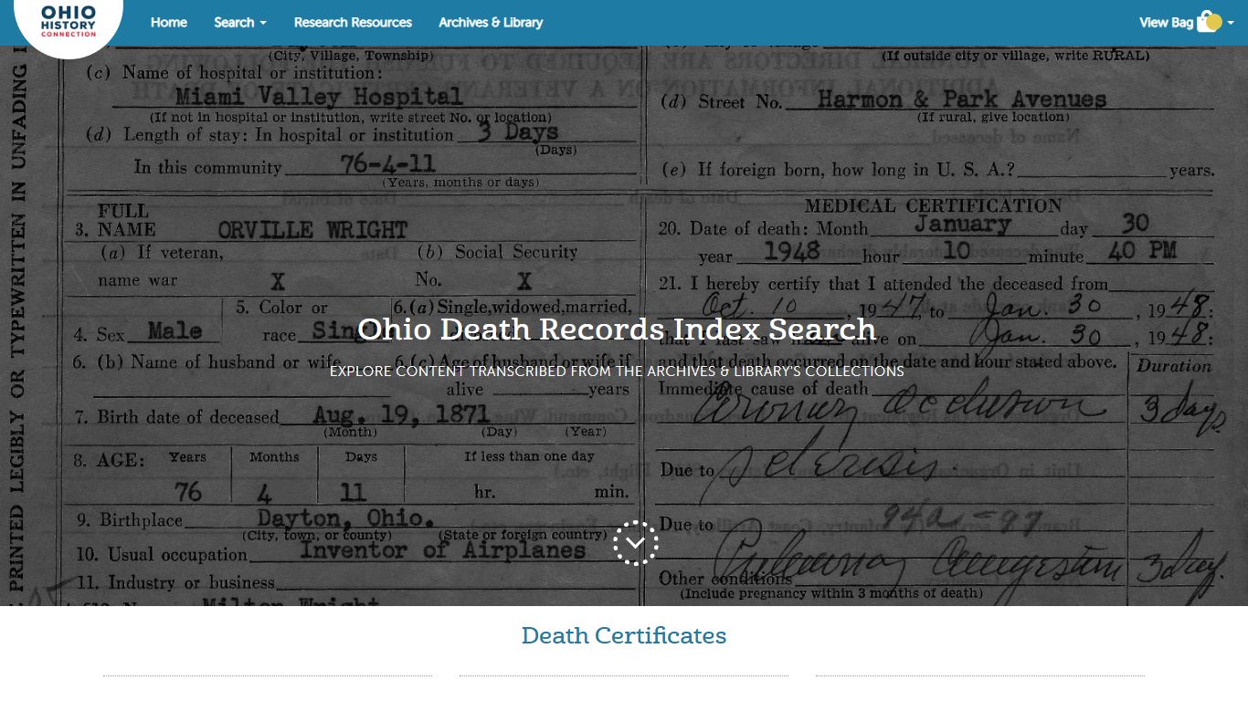 Ohio Death Records Index Search - Ohio History Connection